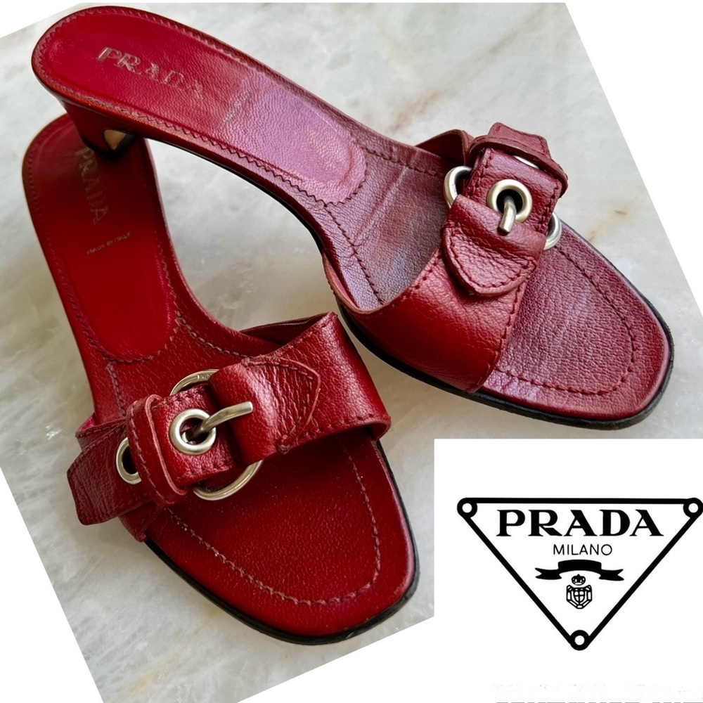 Prada Red Leather Buckle Slide Sandals
